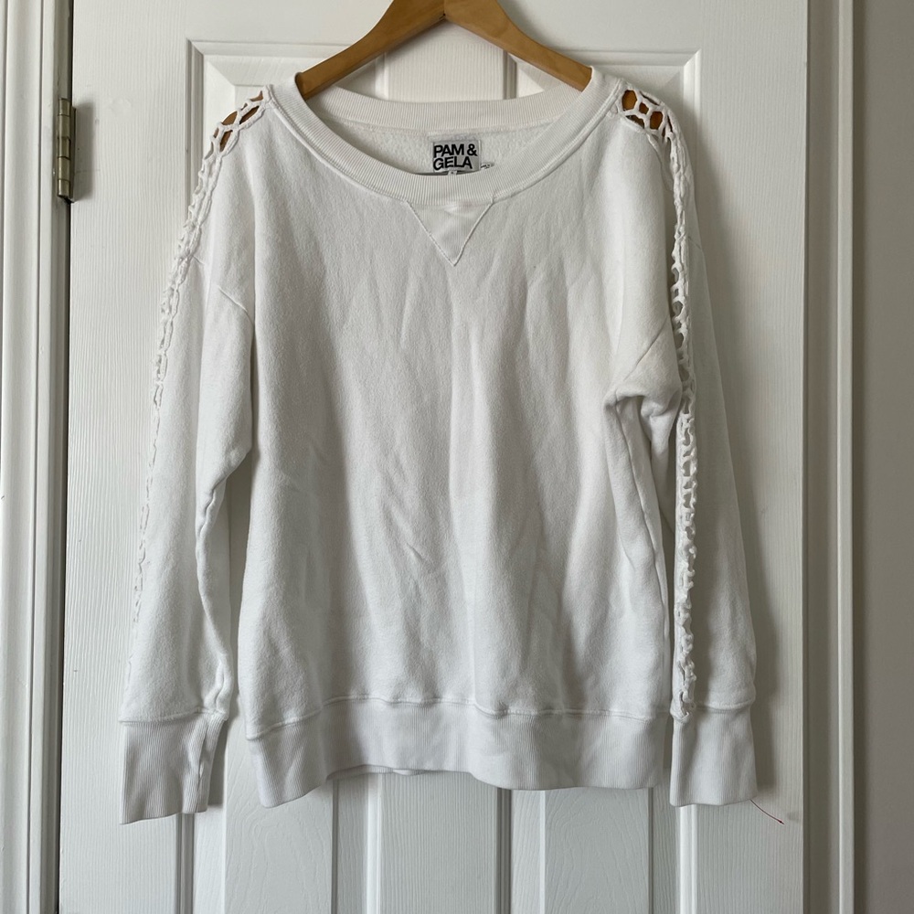 Pam & Gela White Sweatshirt Pullover with Lattice Cutout Sleeves Size S 0379